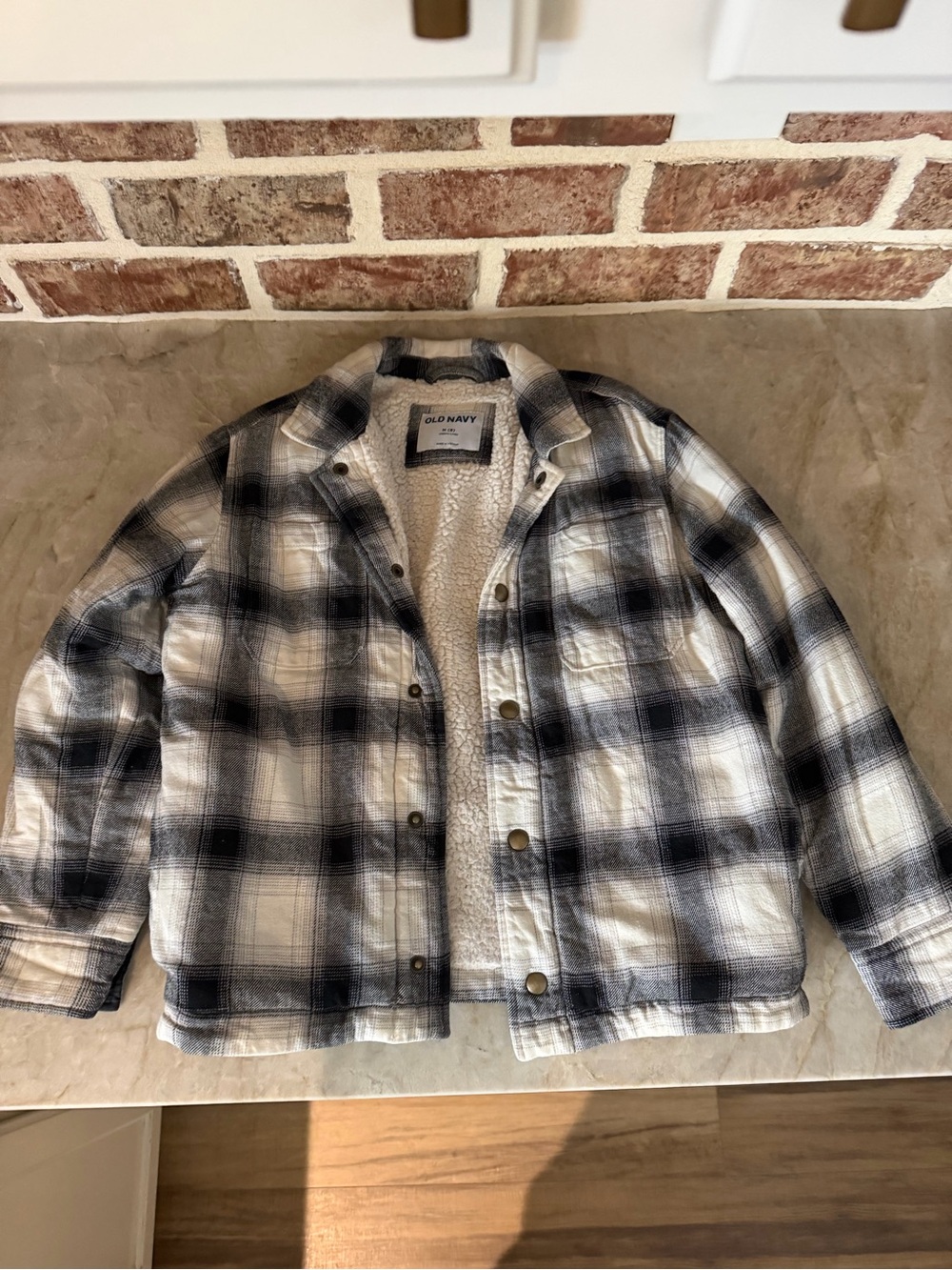 Old Navy Youth Black and White Plaid Sherpa-Lined Shirt Jacket